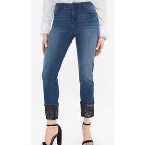 Chicos So Slimming Sequin Lace-Cuff Girlfriend Ankle Jeans Size 2 12
